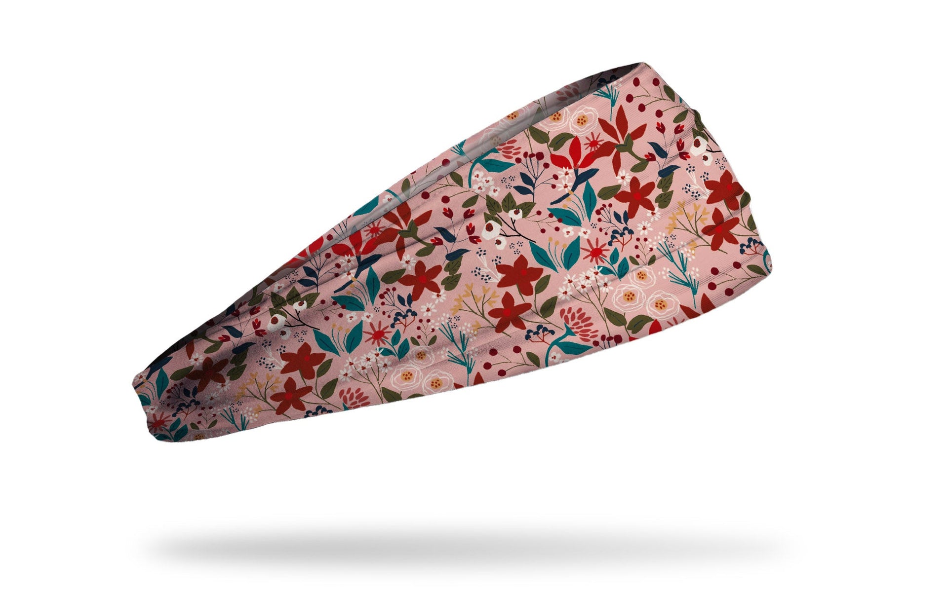 light pink headband with repeating pattern of different kinds of bright wildflowers
